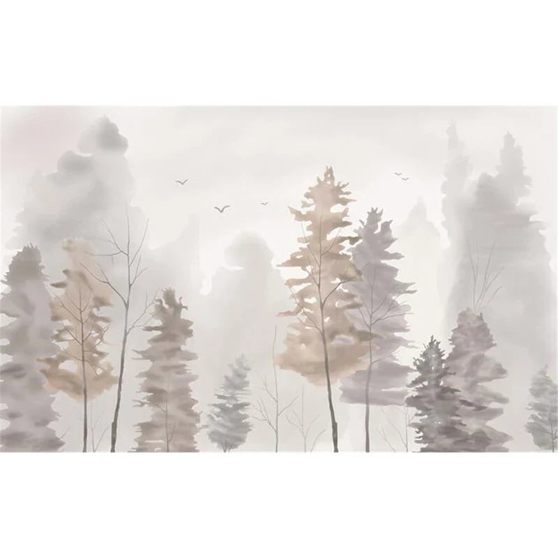 Misty forest scene in soft watercolors for Behang Bos Slaapkamer decor