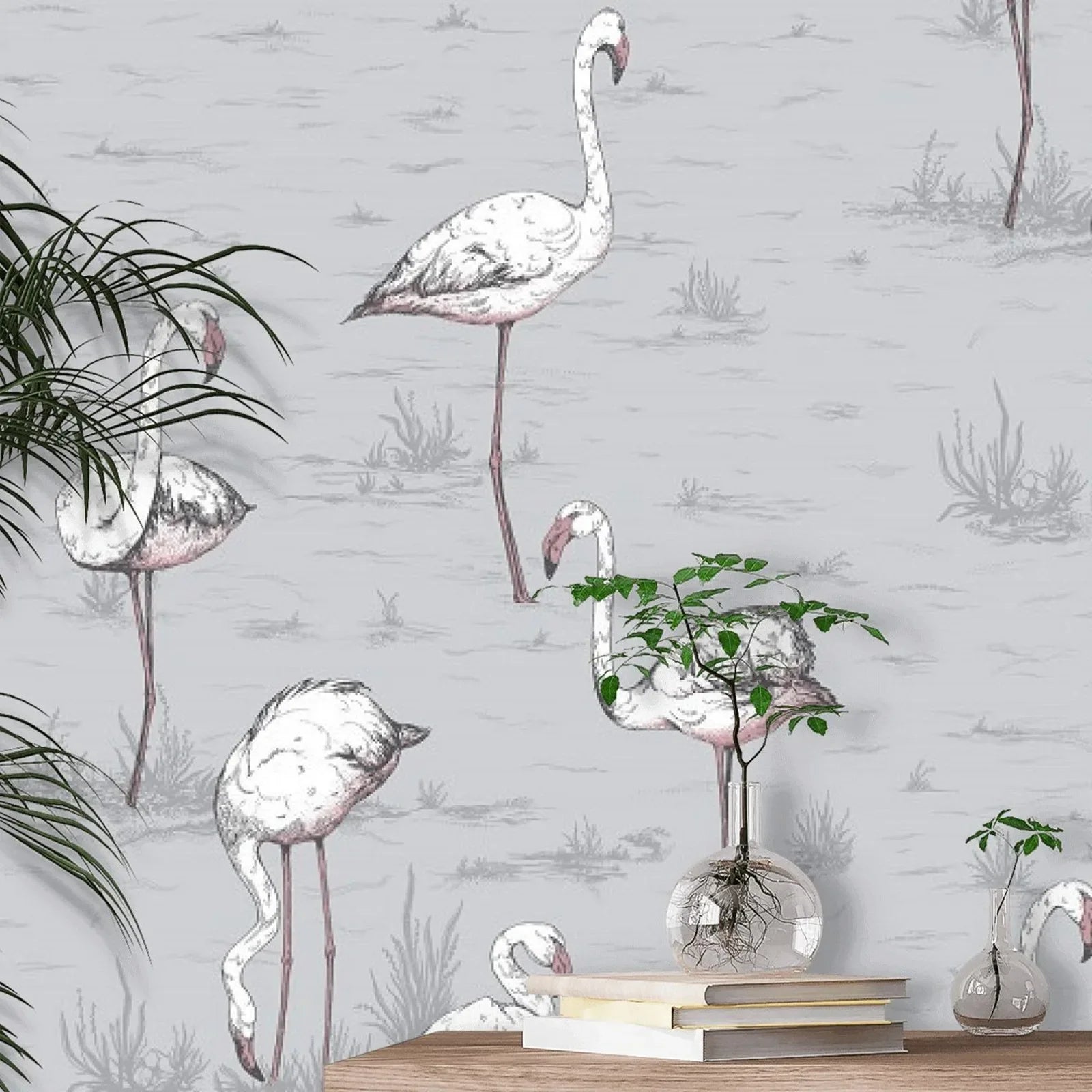 Flamingo behang met decoratieve elementen.