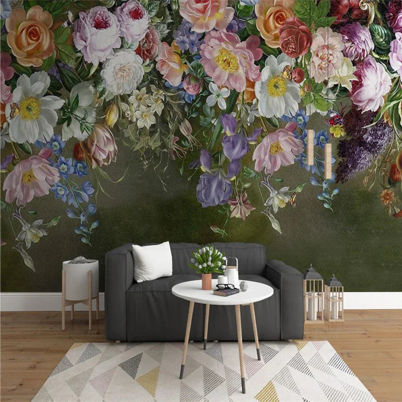 Floral mural in Foto Behang Bloemen design above seating area on zelfklevend canvas