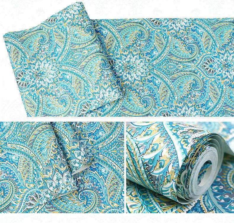 Decoratieve rol van Retro Bloemen Behang met blauw en teal paisley patroon