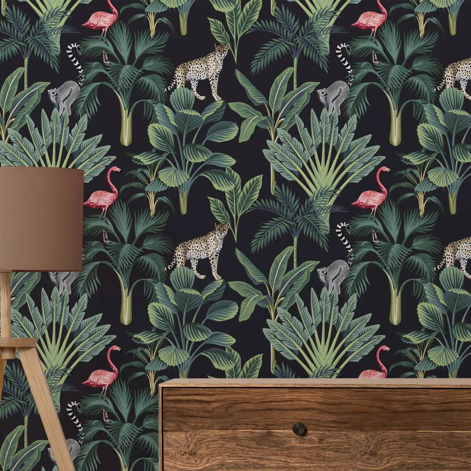 Tropical Vintage Wild Animals Wallpaper Flamingo Peel And Stick Wall Papers,palm Trees Wall Mural,dark Background Wall